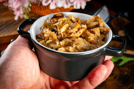 Stewed cabbage with pork, sausages and mushrooms. Bigos - traditional Polish cuisine.の写真素材