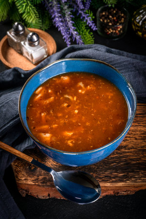 Spicy soup with beef tripe, tomatoes and vegetables. Shallow depth of field.の写真素材