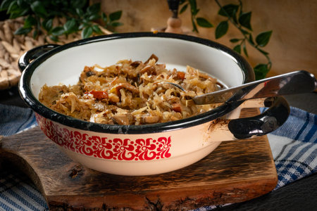Stewed cabbage with pork, sausages and mushrooms. Bigos - traditional Polish cuisine.の写真素材