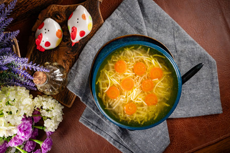 Broth chicken with noodles. Selective focus.の写真素材