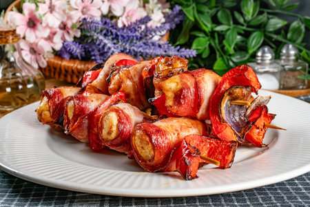 Tasty chicken skewers wrapped in bacon with vegetables.の写真素材