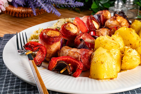 Tasty chicken skewers served with roasted potatoes and stewed cabbage.の写真素材