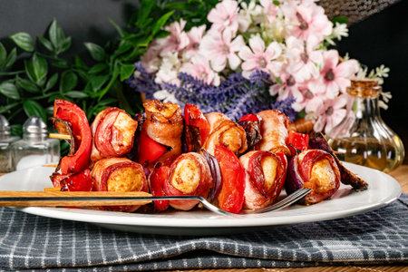 Tasty chicken skewers wrapped in bacon with vegetables.の写真素材
