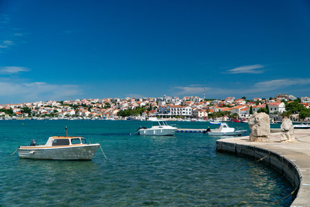 Town of Novalja waterfront and turquoise sea panoramic view.の写真素材
