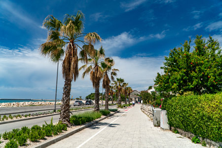 Town of Novalja waterfront and turquoise sea panoramic view.の写真素材