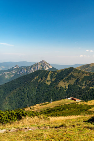 Hiking trail overlooking the mountain peaks of the hills.の写真素材