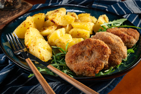 Meatballs served with boiled potatoes on a plate.の写真素材