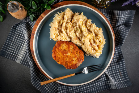 Minced meat cutlet with boiled cabbage and potatoes. Shallow depth of field.の写真素材