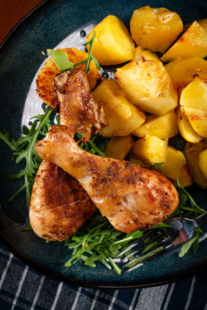Baked chicken drumsticks with potatoes. Shallow depth of field. Dark light.の写真素材