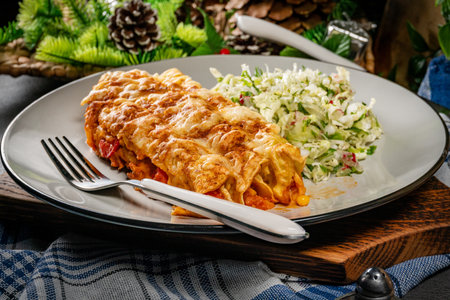 Stuffed pancake baked with cheese, served with Beijing lettuce.