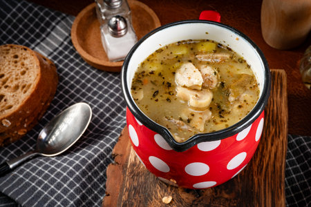 Sour rye soup with pieces of white sausage and mushrooms. Selective focus. Traditional Polish soup.の写真素材