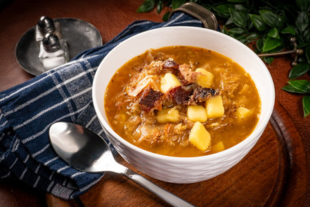 Traditional sour cabbage soup on wooden table.の写真素材