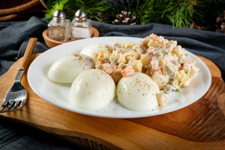 Boiled eggs with vegetable salad with mayonnaise.の写真素材