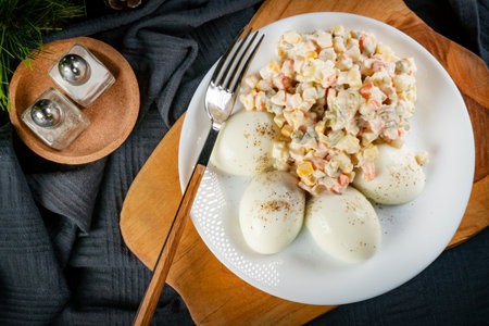 Boiled eggs with vegetable salad with mayonnaise.の写真素材