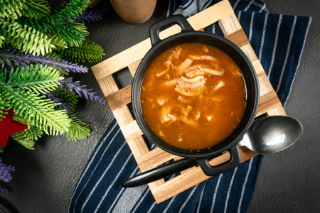 Spicy tripe soup made of pork stomachs with vegetables. Shallow depth of field.の写真素材