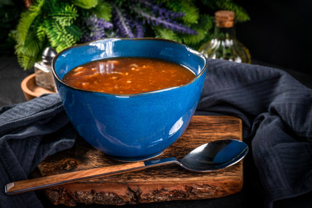 Spicy soup with beef tripe, tomatoes and vegetables. Shallow depth of field.の写真素材