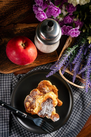 Sweet pancakes made of apple, milk and flour (pancakes).の写真素材