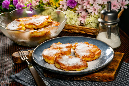 Sweet pancakes made of apple, milk and flour (pancakes).