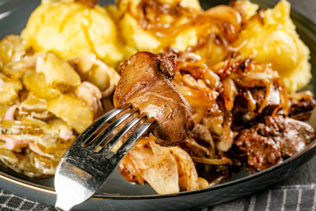 Fried meat with onion, served with mashed potatoes and salad with pickled cucumber.