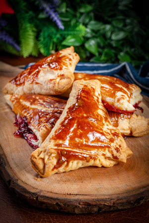 Puff pastry triangle filled with jam on cutting board. Shallow depth of field.