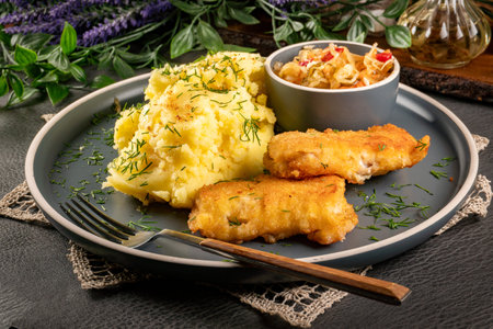 Fried pollock fillet served with boiled potatoes.
