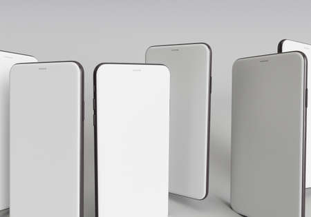 3d render illustration hand holding the white smartphone with full screen and modern frame less design - isolated on white background phone mockupの写真素材