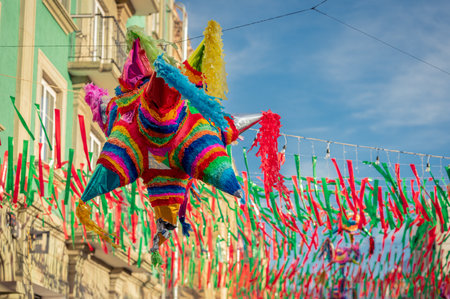 Colorful mexican pinata used on birthdays in oaxaca streets