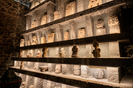 Illuminated pre-Hispanic altar inside the Anahuacalli, Mexico Cityの写真素材