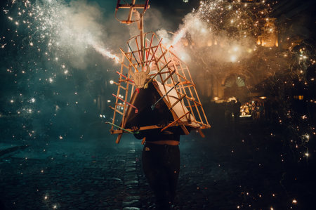 Night shot of girl running with firework bull in Antigua Guatemalaの写真素材