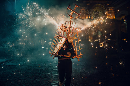 Traditional fireworks celebration with torito in Antigua Guatemalaの写真素材