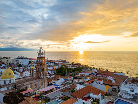 Aerial view of Our Lady of Guadalupe Church in Puerto Vallarta at sunsetの写真素材