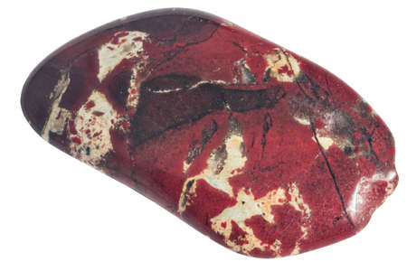 small scratched pebble of red jasper macro isolated on whiteの写真素材