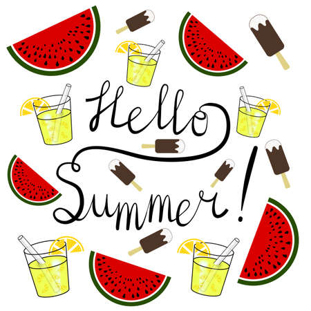 Handwritten lettering Hello Summer flat black with lemonade, watermelon and choc-ice icecream vector...