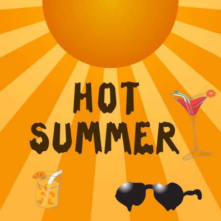 Modern lettering Hot Summer flat with cocktail glasses, lemonade and glasses melted against sun and rays background vector illustration.のイラスト素材