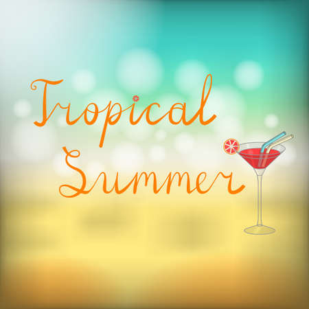Handwritten lettering Tropical Summer flat and cocktail glass with orange slice against beach bokeh background vector illustration.のイラスト素材