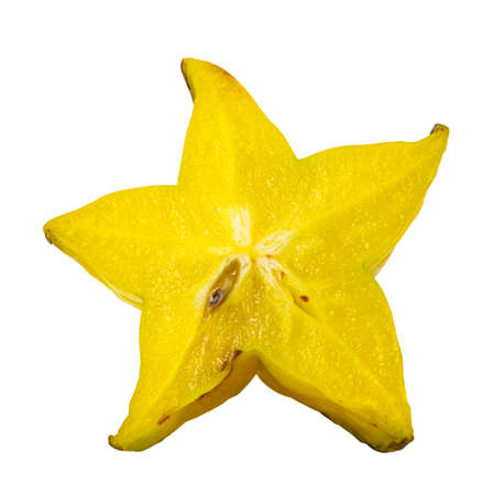 Yellow star fruit or carambola slice macro isolated on white background.の写真素材