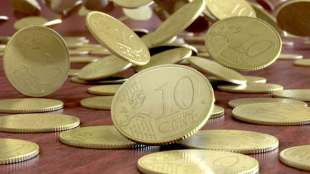 10 cent euro falling down. Numerous coins falling from 10 euro cents.