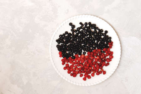 Bilberries and wild strawberries on a white plate on light grey background with copy spaceの写真素材