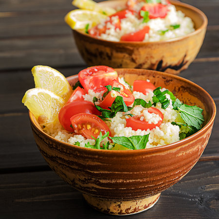 Fresh home-made tabouli, or tabbouleh salad, in two ceramic bowls, side view on dark wooden background. Easy vegan lenten meal made of couscous and vegetables, of Middle-East and Maghreb cuisine.の写真素材
