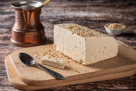 Tahini halva, with sesame seeds as its main ingredient, and a cezve on vintage wooden backgroundの写真素材