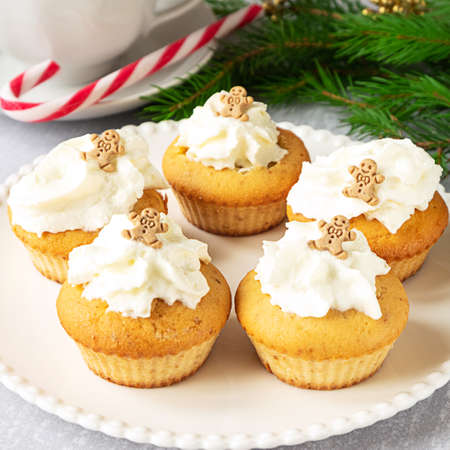 Homemade cupcakes with Christmas decorationsの写真素材