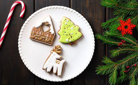 Christmas cookies on a plate on dark wooden backgroundの写真素材