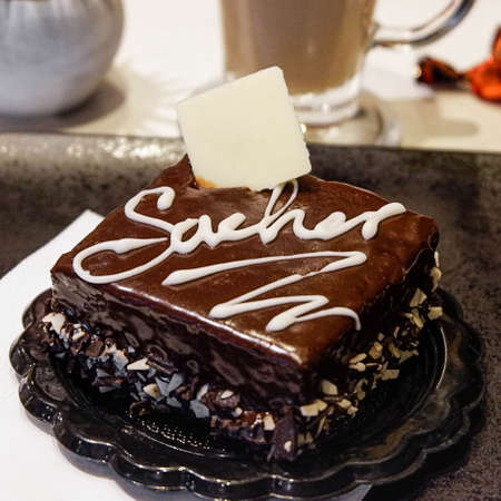 Sacher Torte, an Austrian chocolate cake served at a cafeの写真素材