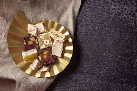 Turkish delights served on a gilded metal plateの写真素材