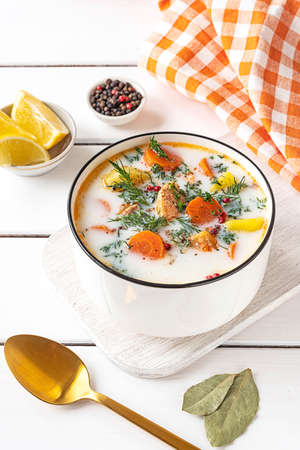 Lohikeitto, Finnish creamy salmon soup in a white bowlの写真素材