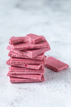 Pink or ruby chocolate, trendy dessert on grey backgroundの写真素材