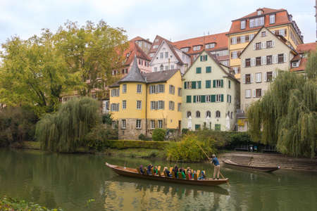 Tubingen, Germany, october 2014: a gondolier is ready for a sightseeing tour with several touristsのeditorial素材