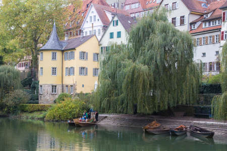 Tubingen, Germany, october 2014: a gondolier is ready for a sightseeing tour with several touristsのeditorial素材