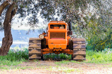 Front view of an old tractor in Sicilyの写真素材