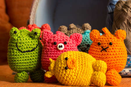 Various handmade Amigurumi crocheted or knitted stuffed toyの写真素材